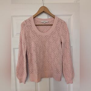 Ann Taylor LOFT Pointelle Open Knit Diamond Patterned Scoop Neck Sweater in Pink